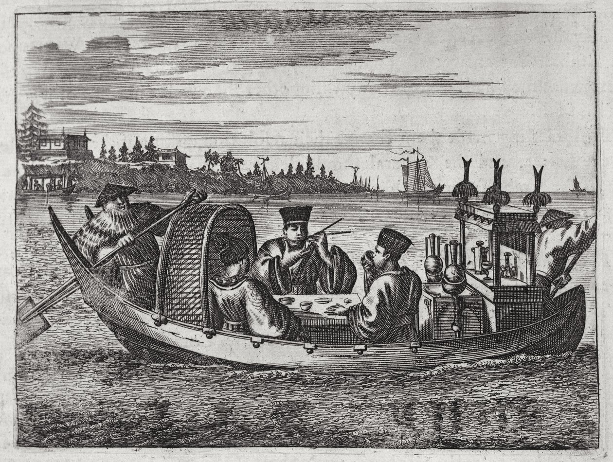 A Wealthy Mandarin Dining in a Boat, illustration from a description of Embassies to China, 1690 by English School