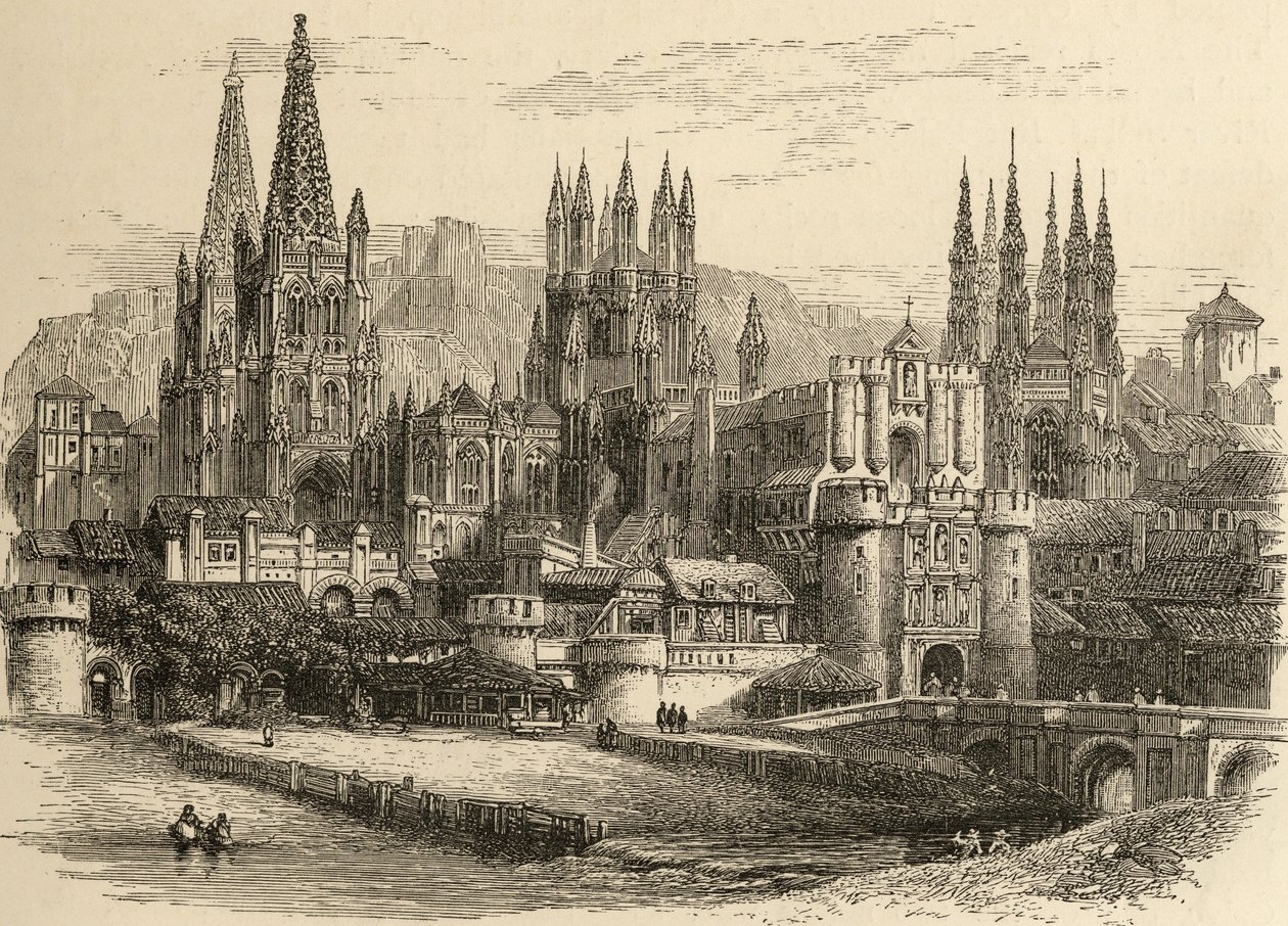 Bridge, gateway and Cathedral of Burgos, illustration from 