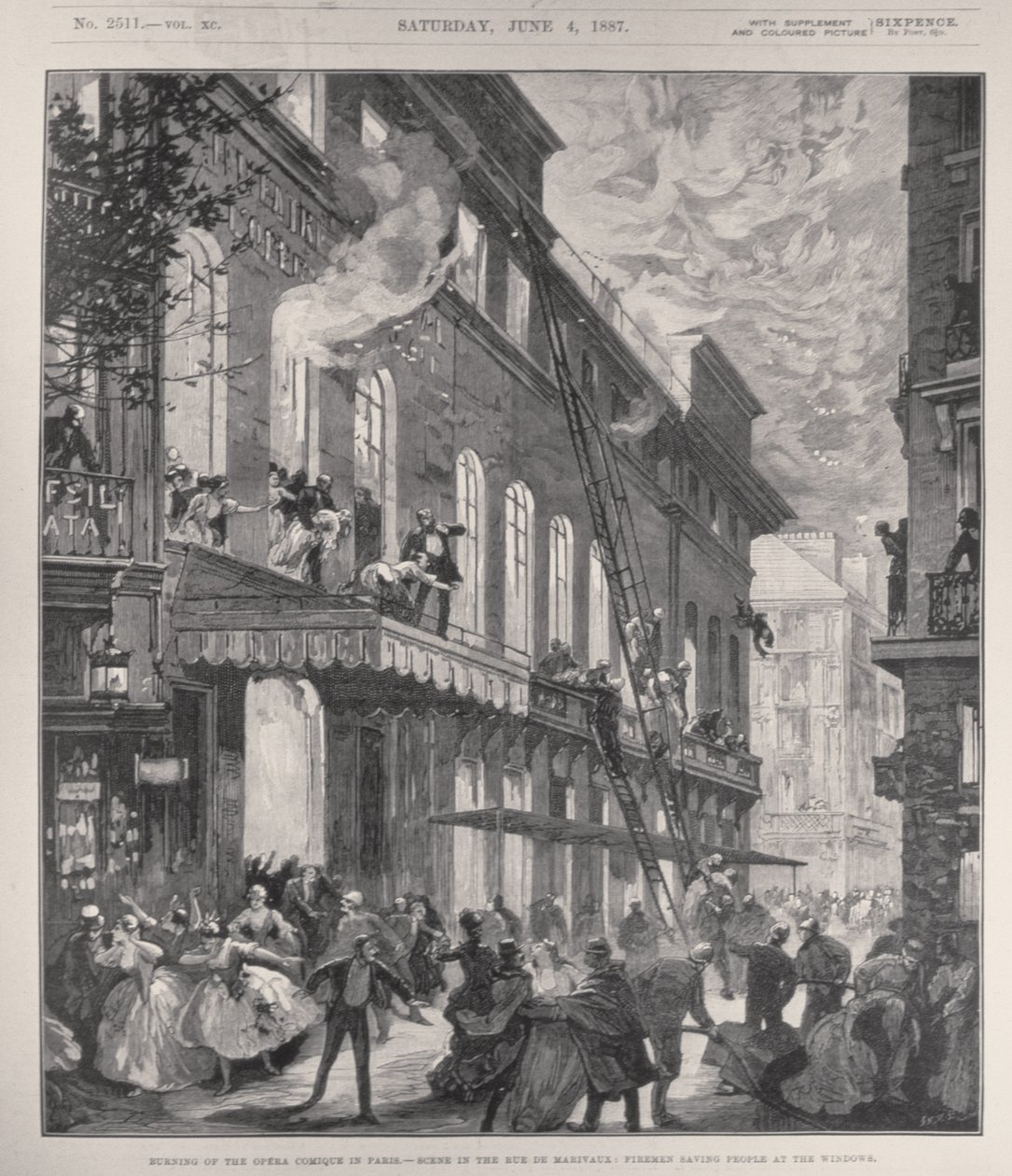 Burning of the Opera Comique in Paris, Scene in the Rue de Marivaux: Firemen Saving People at the Windows, from 