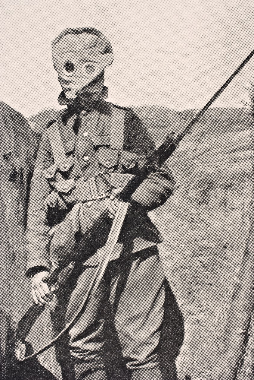 Canadian Soldier wearing a gas mask in 1915, from 