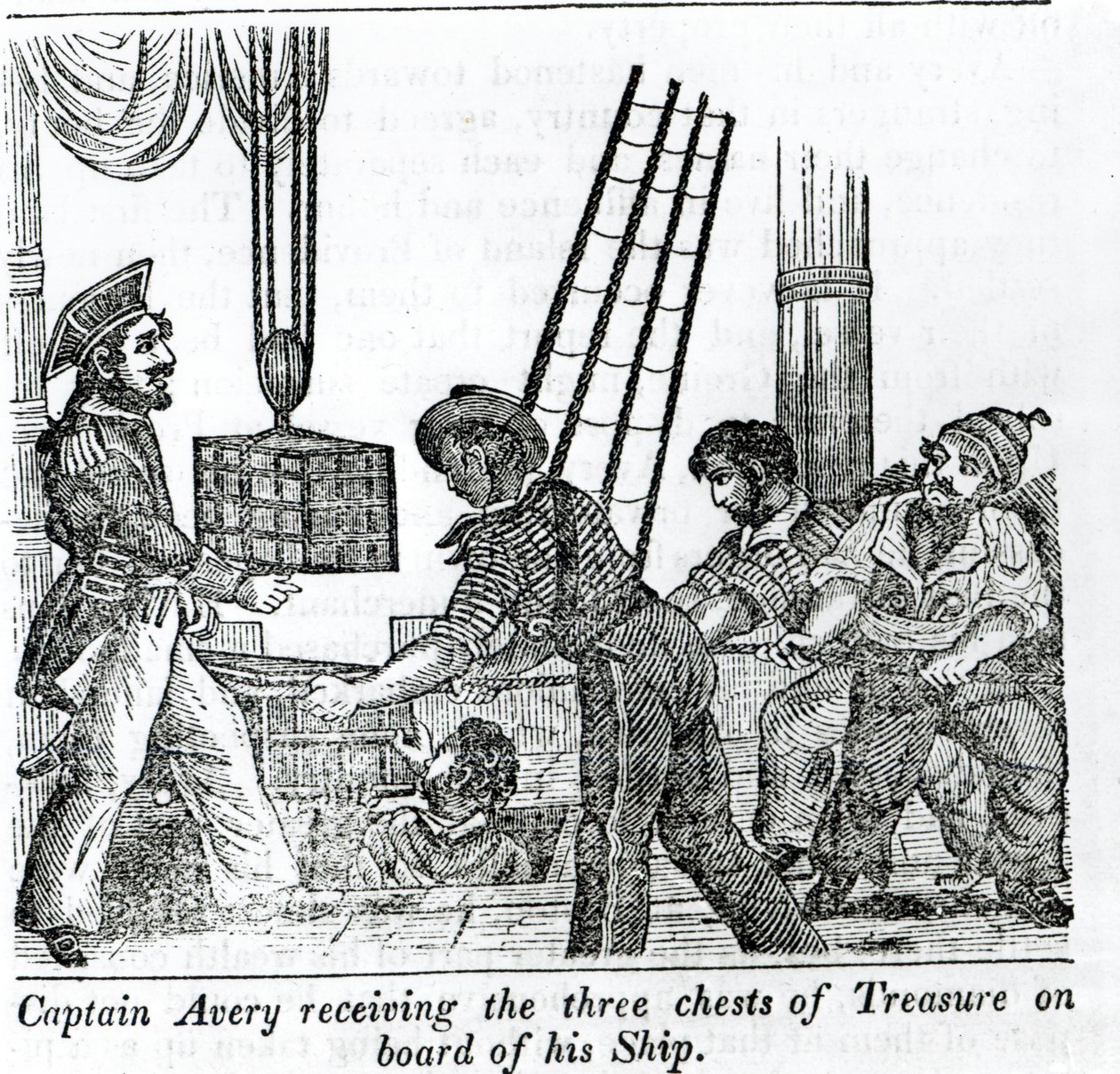 Captain Avery receiving three chests of Treasure on board of his Ship, illustration from 