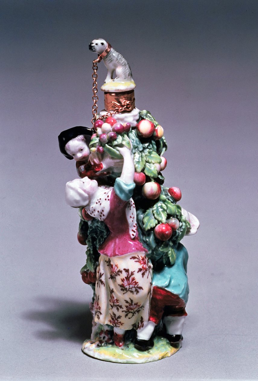Chelsea scent bottle depicting a mother and children picking fruit, Gold Anchor Period, 1758-69 by English School