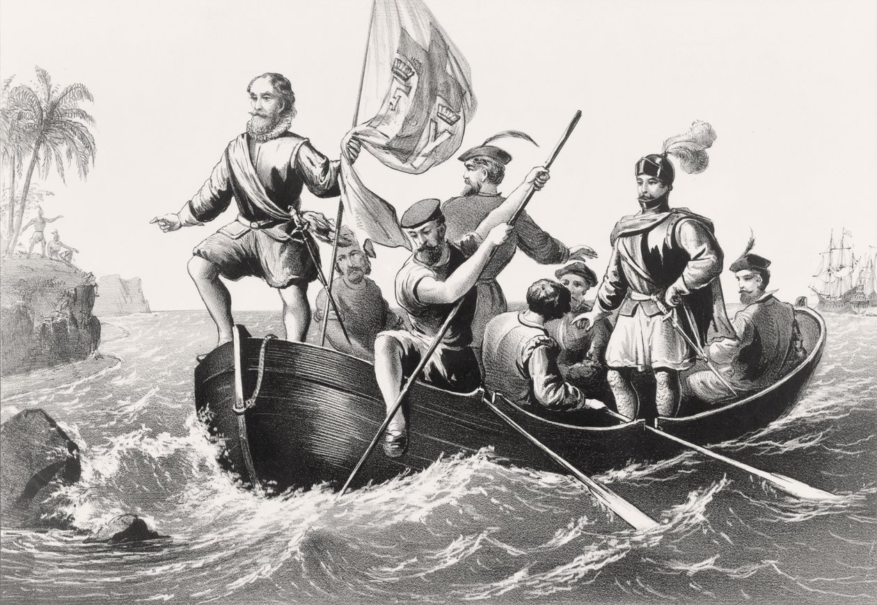 Christopher Columbus setting foot in San Salvador October 12, 1492 by English School