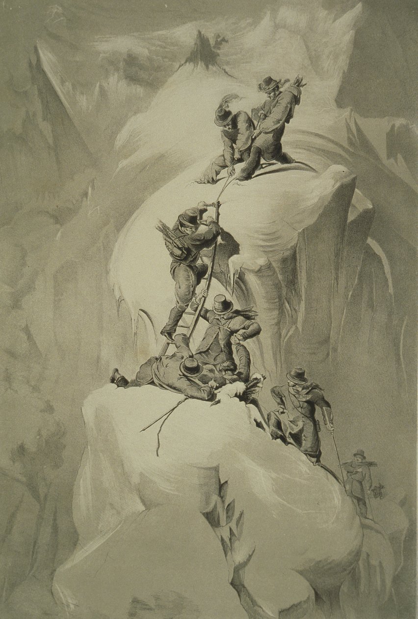 Crossing a Crevasse, from Ten Scenes in the Last Ascent of Mont Blanc Including Five Views from the Summit by English School
