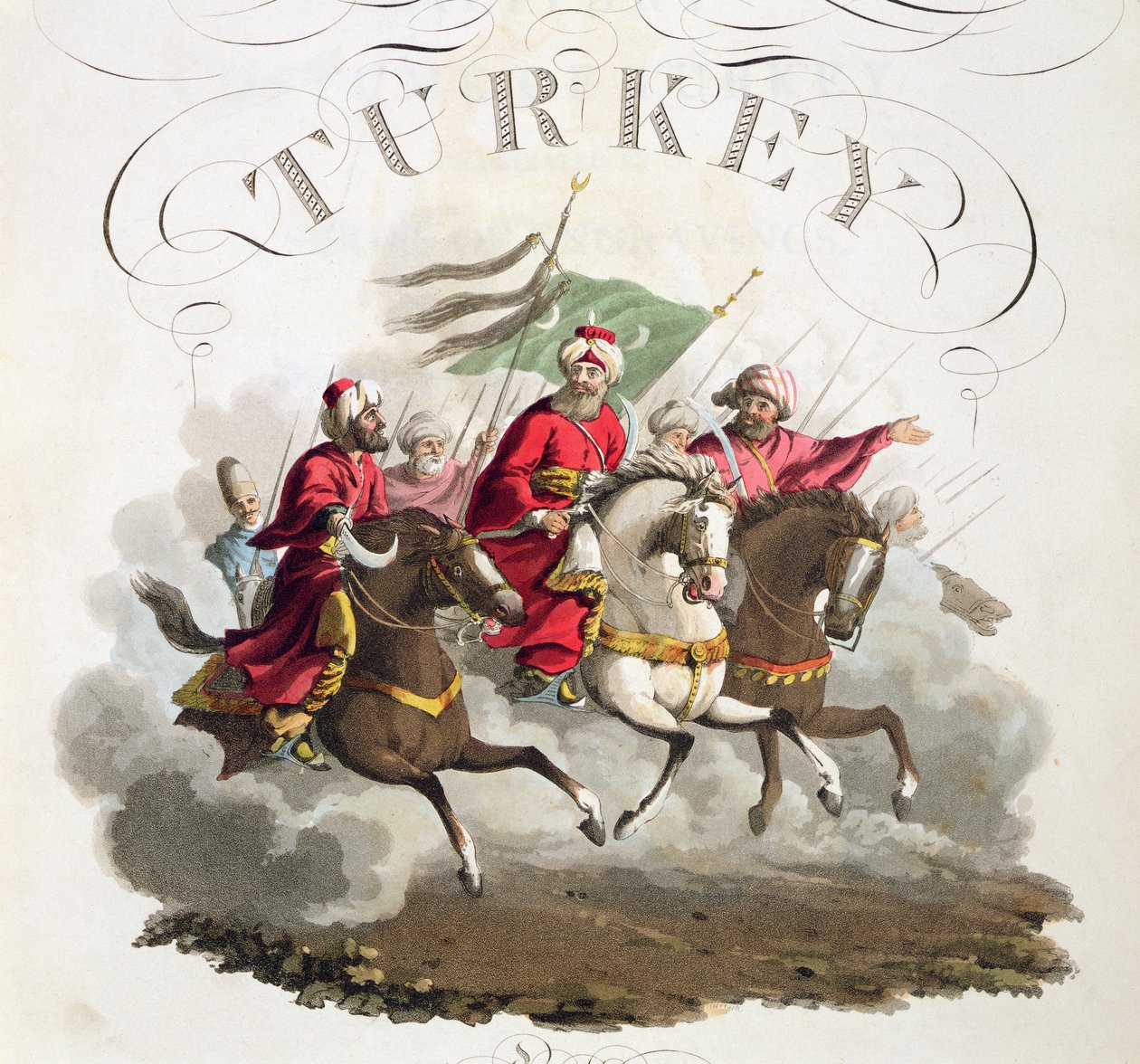 Detail of title page, from Costumes of the Various Nations, Volume VII, The Military Costume of Turkey, by Thomas MacLean, published c.1800-18 (hand coloured aquatint) by English School