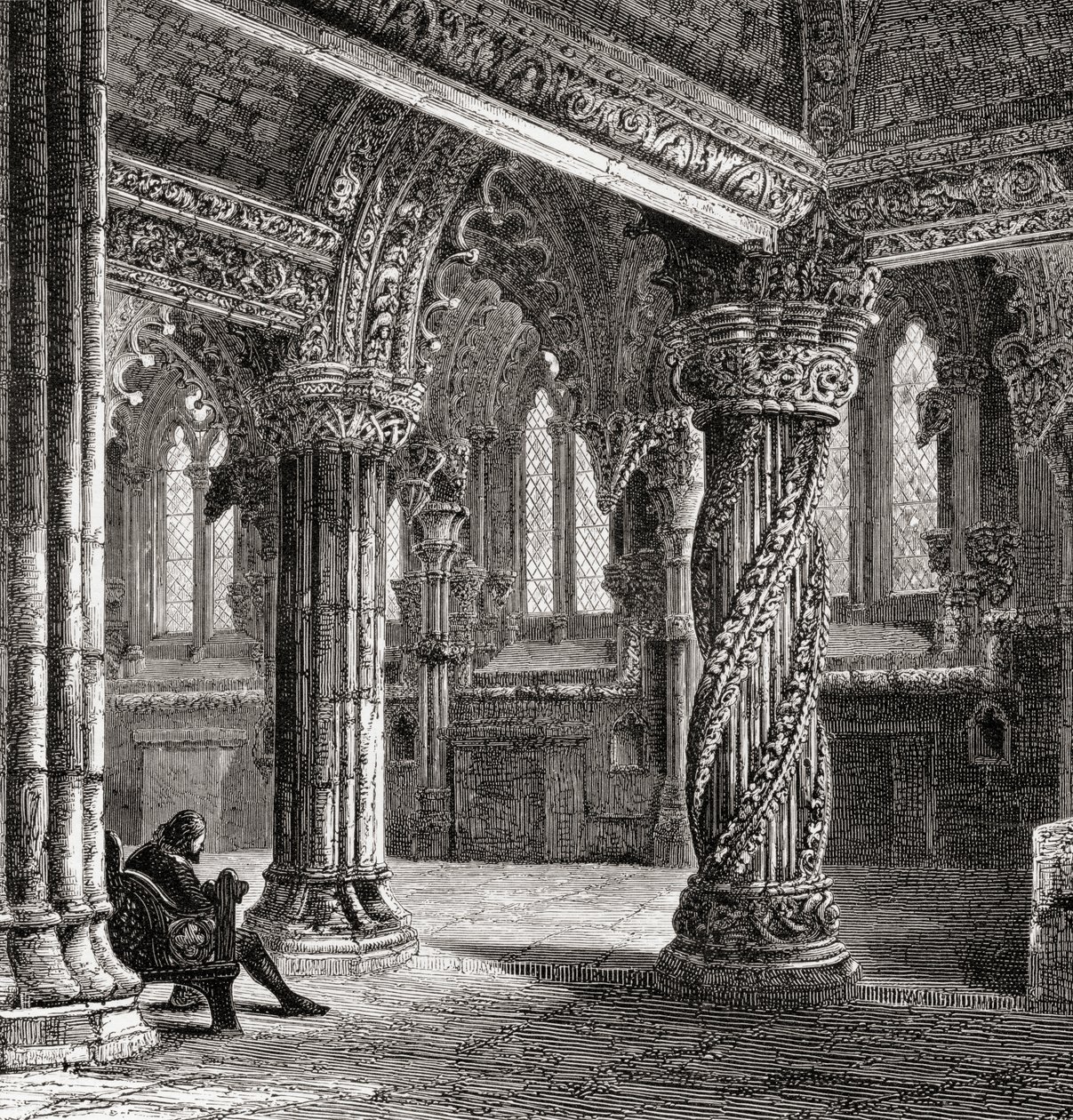 Interior of Roslin Chapel, with the Apprentice Pillar, from 