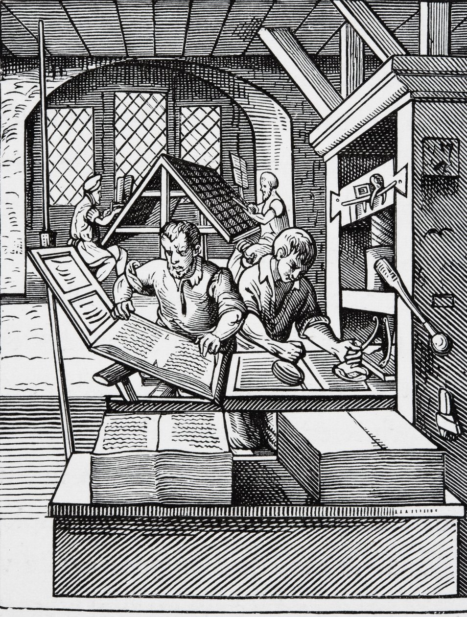 Interior of a 16th century printing house, after an engraving by Jost Amman by English School