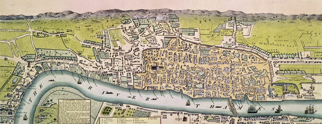 Londinium Antiqua, map of London, published by William Darton, 1563 by English School