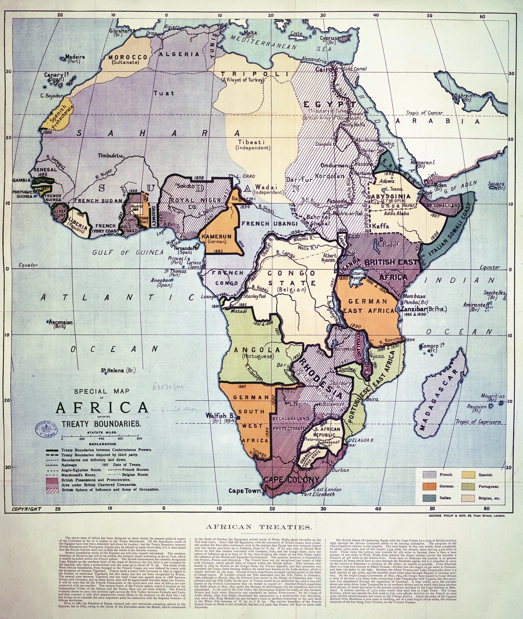 Map of Africa showing Treaty Boundaries, 1891 by English School