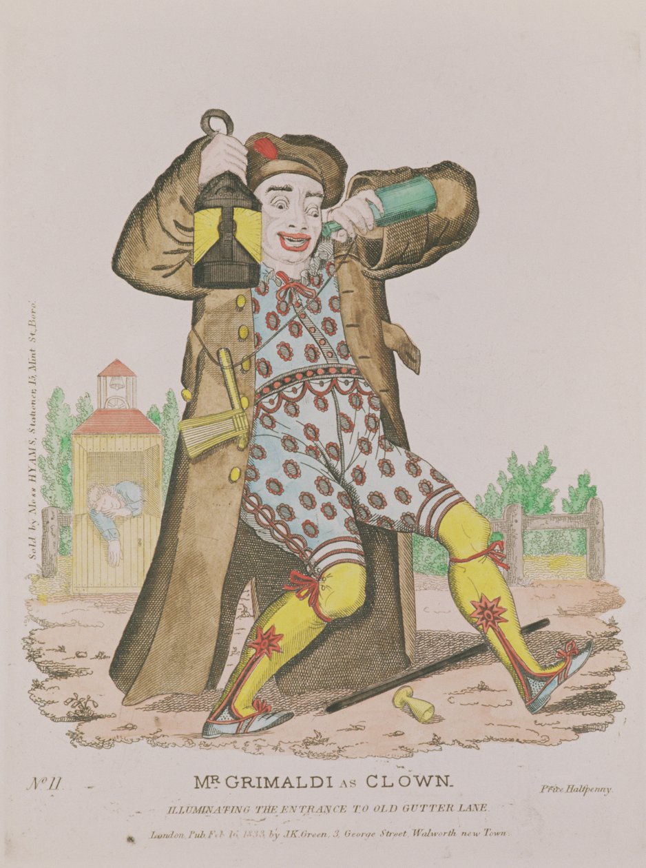 Mr Grimaldi as Clown, illuminating the entrance to Old Gutter Lane (1833) by English School