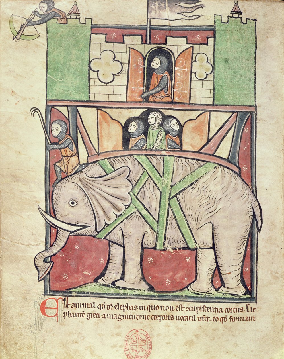Elephant carrying a howdah full of soldiers, from the Westminster Abbey Bestiary, c.1270-90 by English School