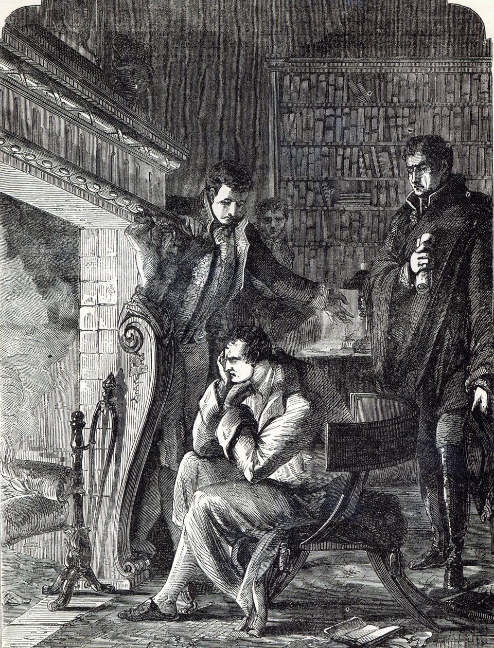Napoleon brooding by the fire the night before his Abdication and Departure from Fontainebleau on 20th April 1814 by English School