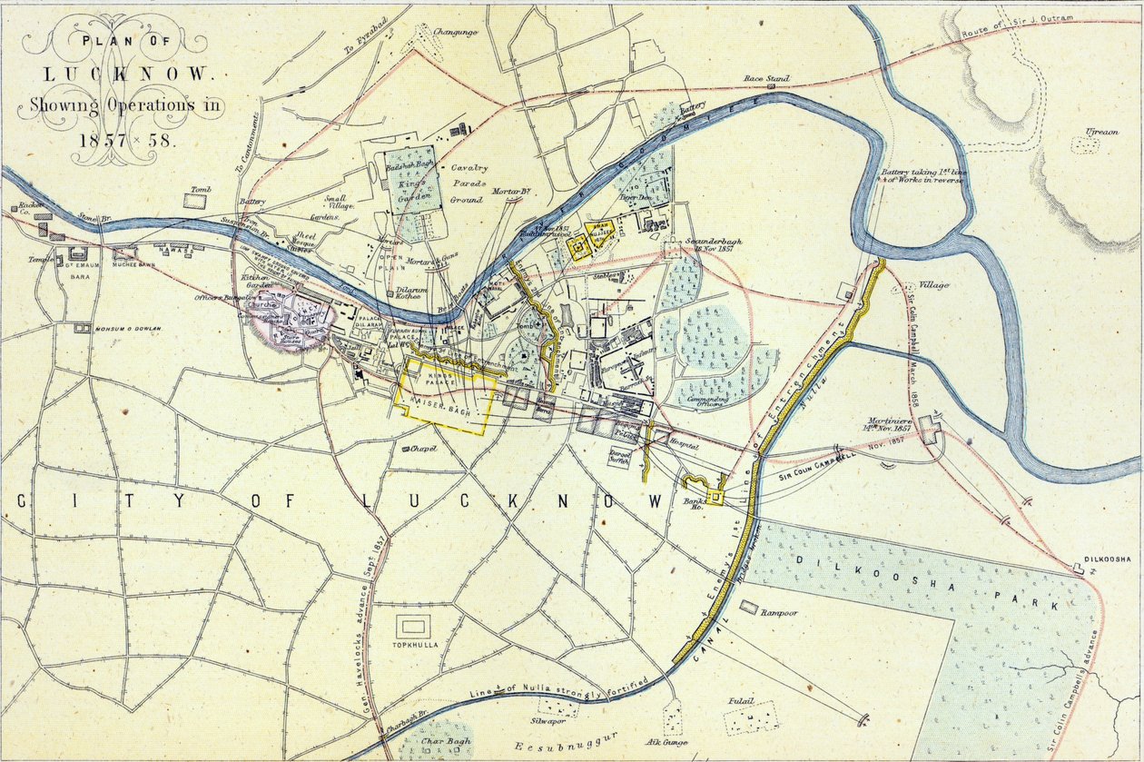 Plan of Lucknow Showing Operations in 1857-58 by English School