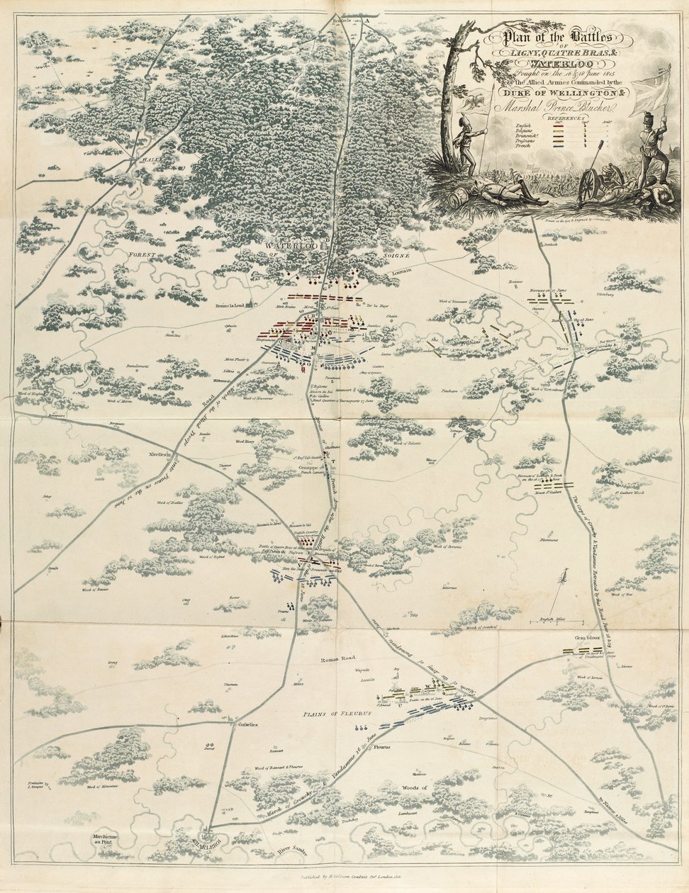 Plan of the Battles of Ligny, Quatre Bras & Waterloo fought on the 16 and 18 June 1815 by the Allied Armies commanded by the Duke of Wellington and Marshal Prince Blücher by English School