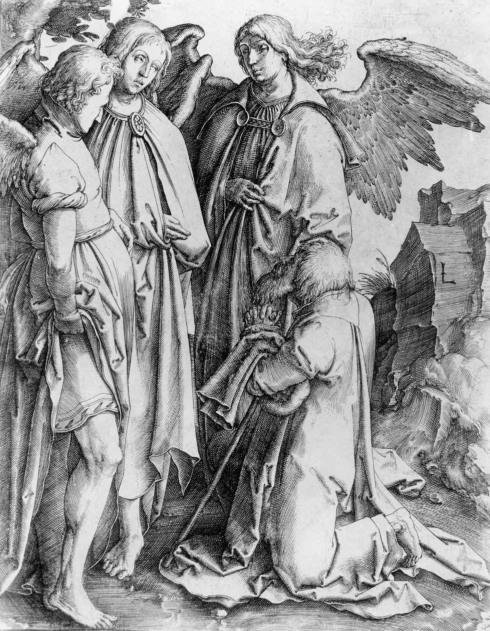 Saint kneeling before angels by English School