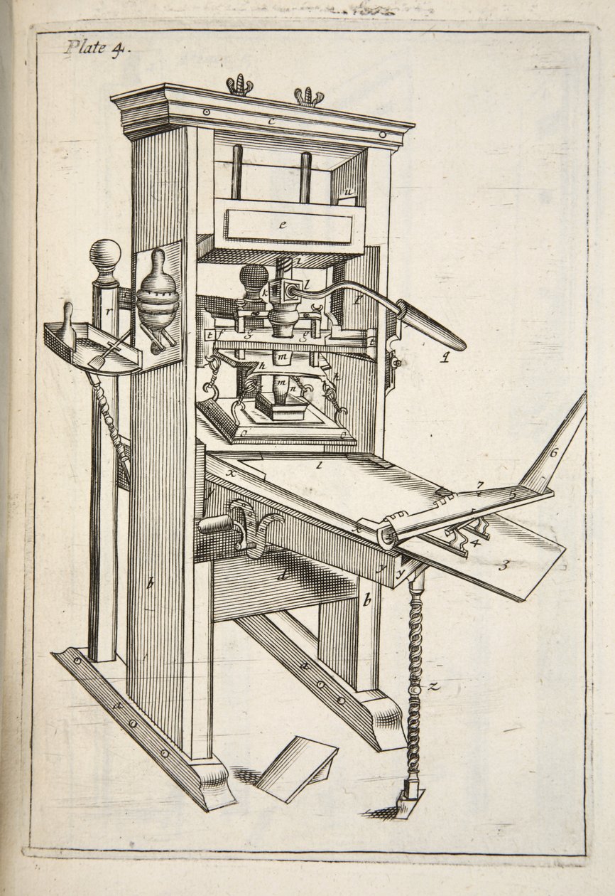The Printing Press, from Mechanick Exercises: or The Doctrine of Handy-Works applied to the Art of Printing, pub. 1683 by English School