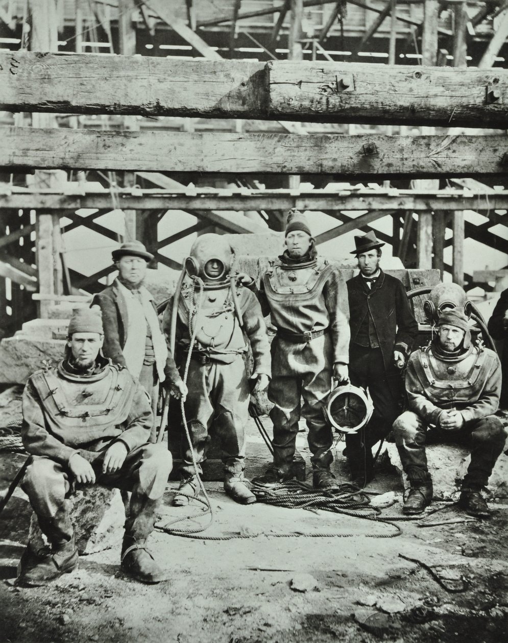 Blackfriars Bridge: Construction Workers Pose with Equipment, 1869 by English Photographer