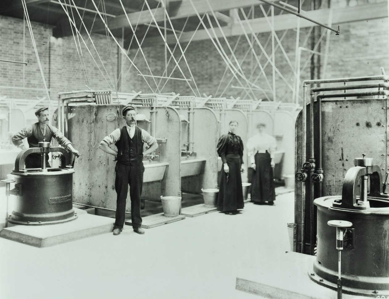 Boundary Street: Interior of Laundry Room, People Working with Machinery, London, 1897 by English Photographer