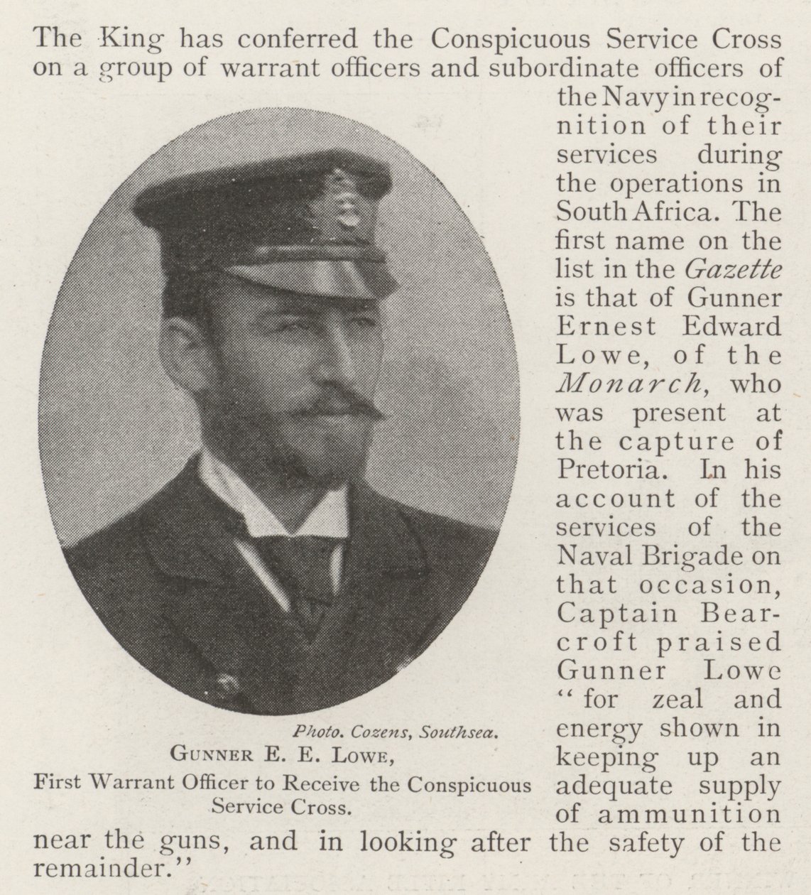 Gunner E E Lowe, First Warrant Officer to receive the Conspicuous