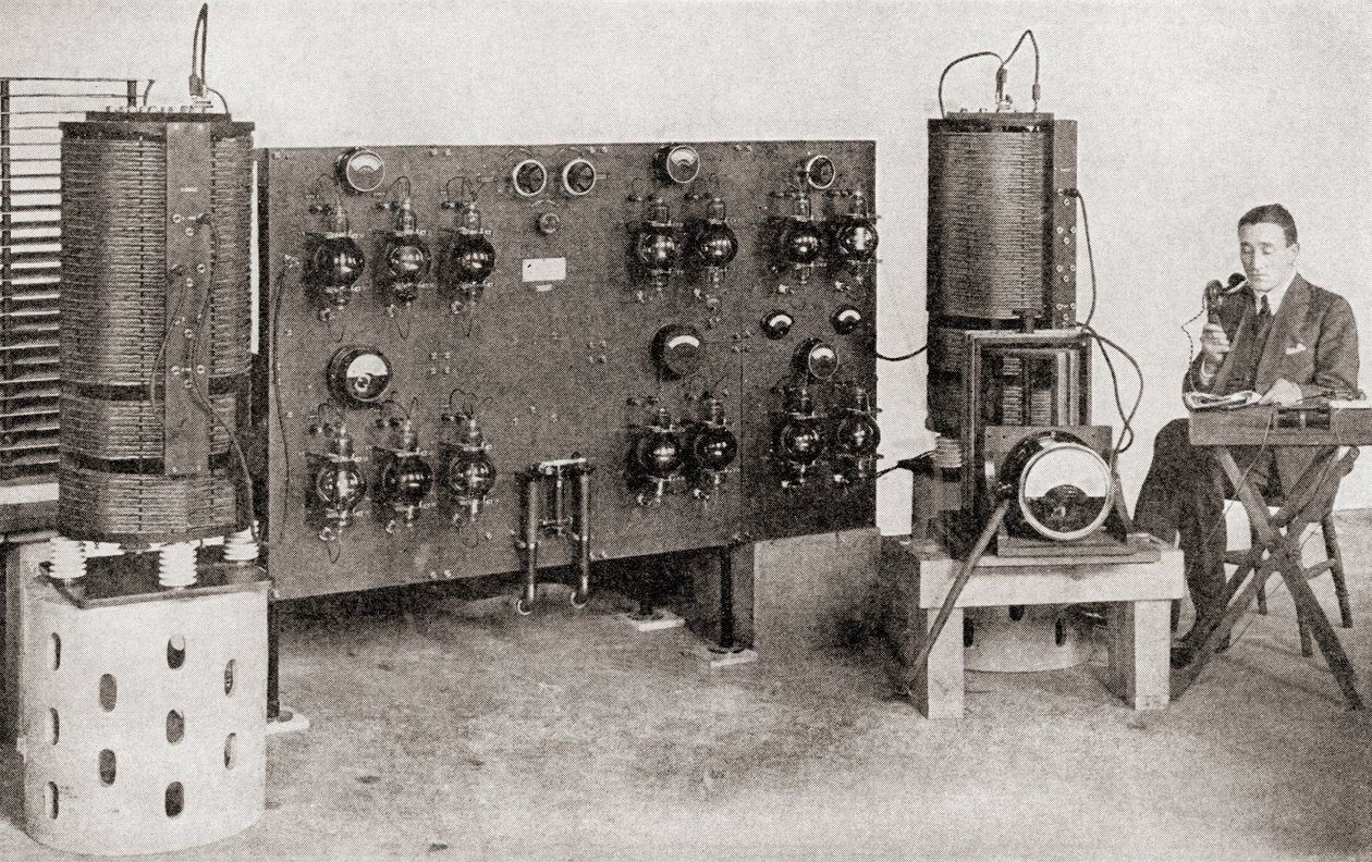 The first broadcast transmitter operated in Great Britain, installed at the Marconi Works, Chelmsford, in 1919 and 1920, from The Story of Twenty Five Years, published 1935 by English Photographer