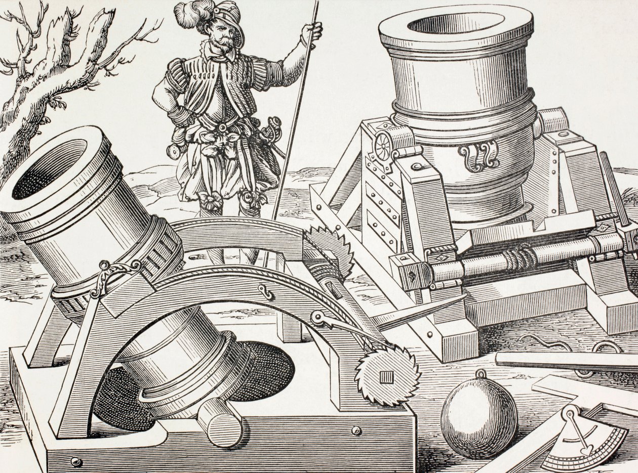 16th Century Mortars on Moveable Carriages, c.1880 by English School