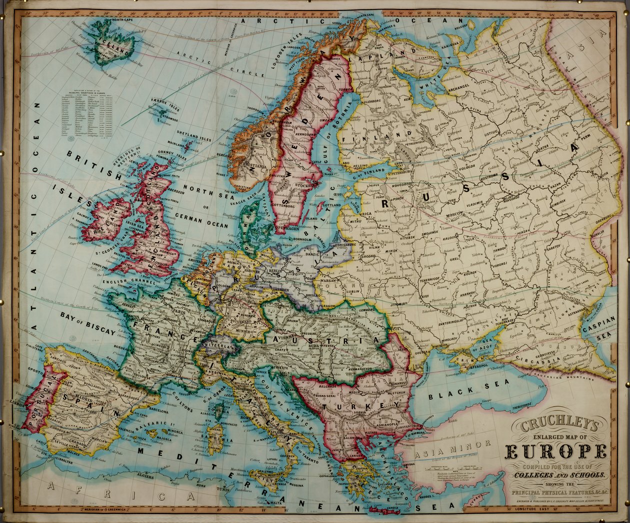 A 19th century coloured map of Europe, compiled for use in colleges and ...