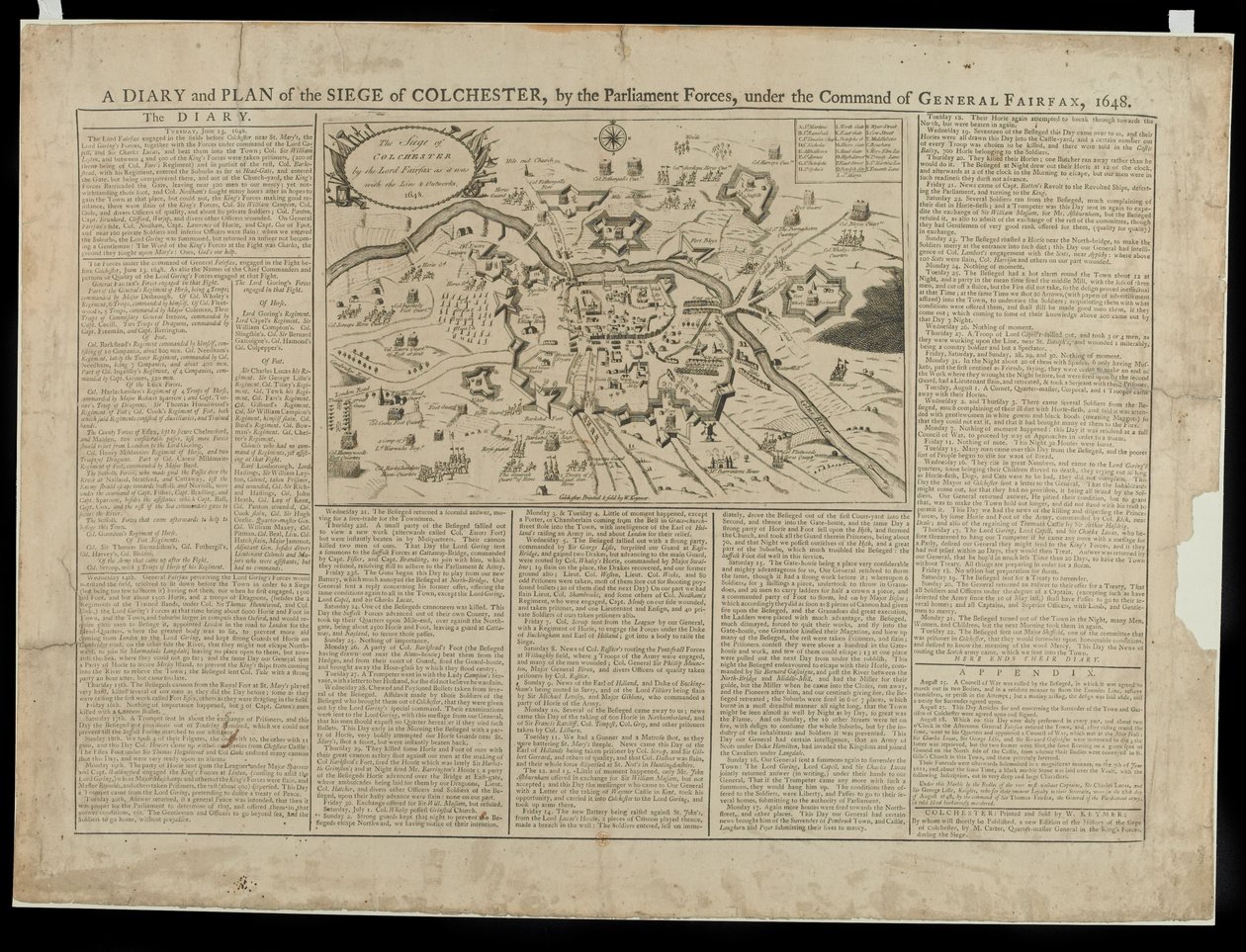 A Diary and Pictorial Plan of the Siege of Colchester 1648, printed and sold by W. Keymer, 1648 by English School