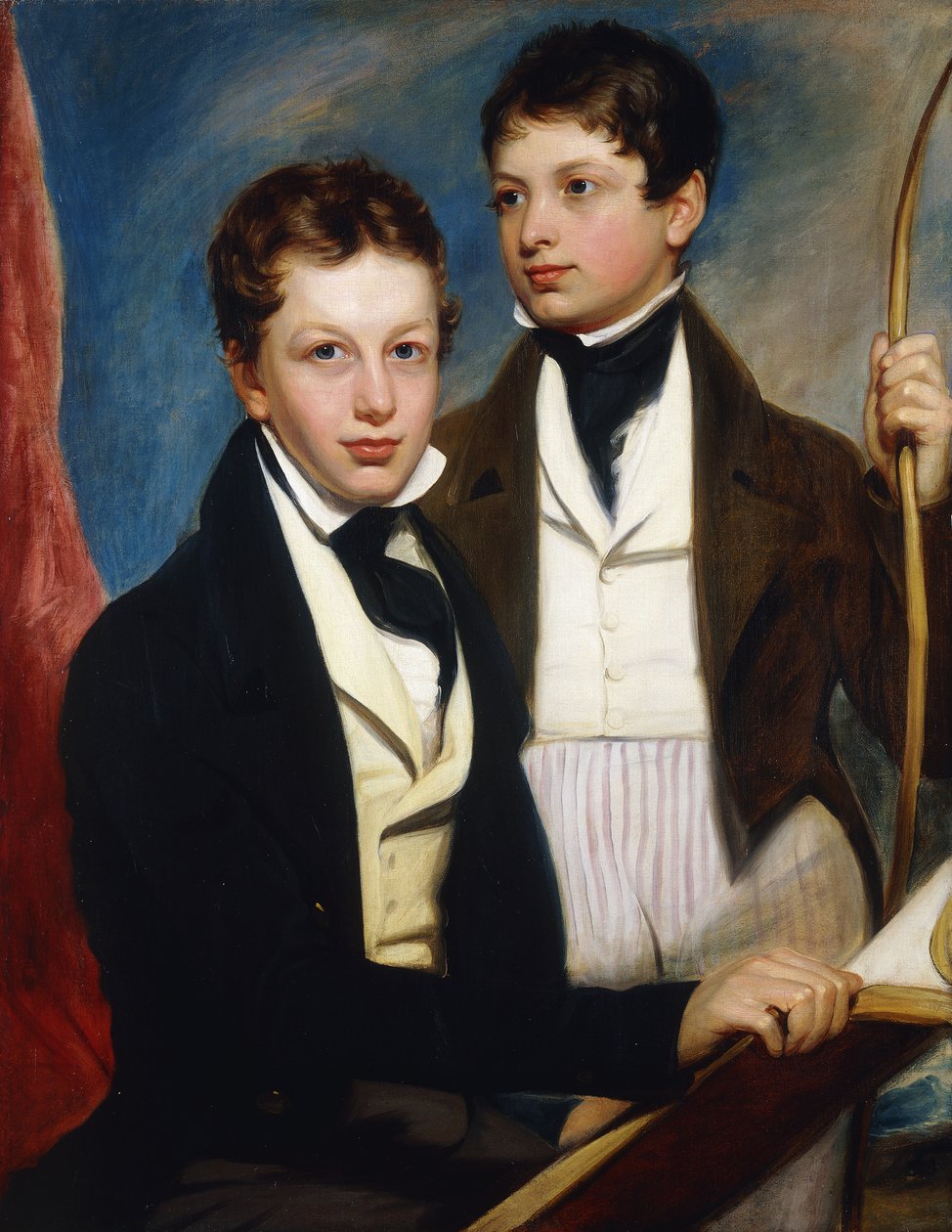 A Group Portrait of the Musgrave Morris Boys, One Seated Half-Length in a Dark Jacket, Holding a Book, the Other Standing Three-Quarter Length in a Dark Jacket, Holding a Bow by English School