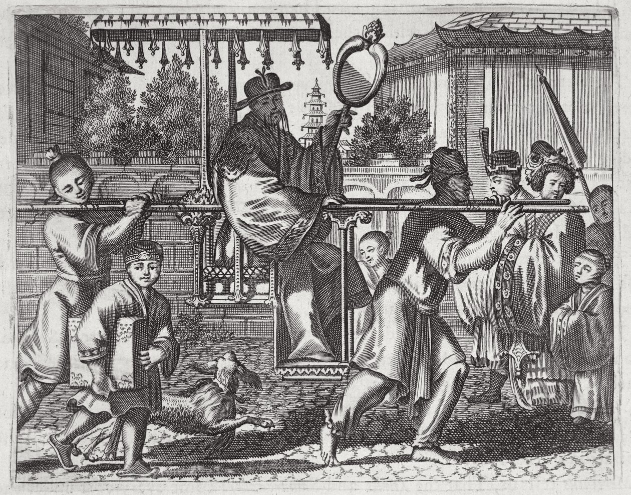 A Mandarin in a Sedan Chair, illustration from a description of Embassies to China, 1690 by English School