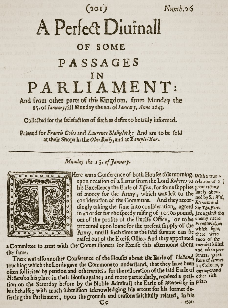 A Perfect Diurnall, facsimile of the Front Page of Issue 26, 1643, illustration from Cassell
