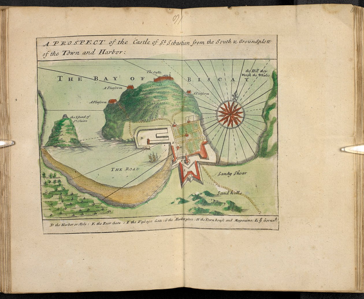 A Prospect of the Castle of St Sebastien from the South & Groundplatt of the Town and Harbor by English School