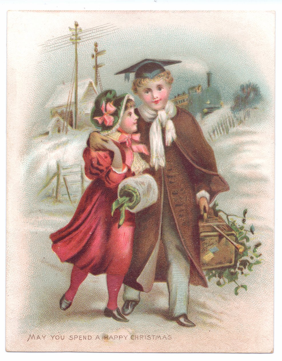 Victorian Christmas Card of a Boy Wearing a Mortarboard with His Arm Round a Girl Walking Through the Snow, c.1880 by English School
