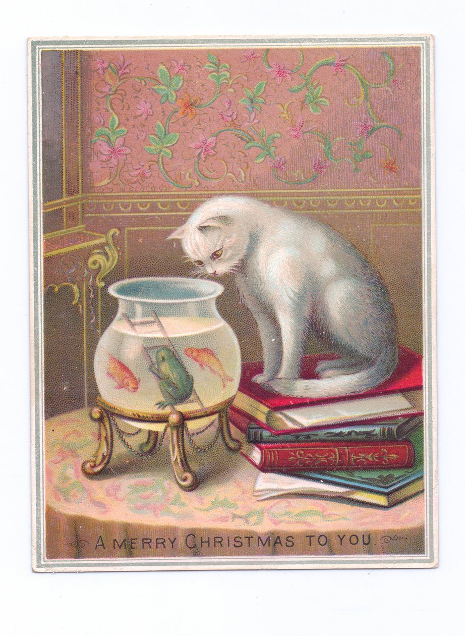 A Victorian Christmas Card of a Cat Sitting on a Stack of Books and Looking into a Goldfish Bowl, c.1880 by English School