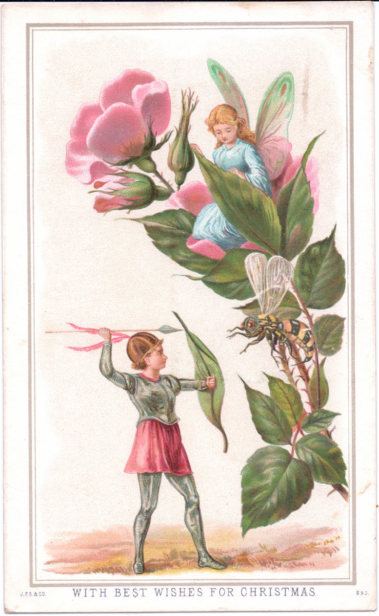A Victorian Christmas card of a fairy sitting on a rose and another fairy throwing a spear at a wasp, c.1880 by English School