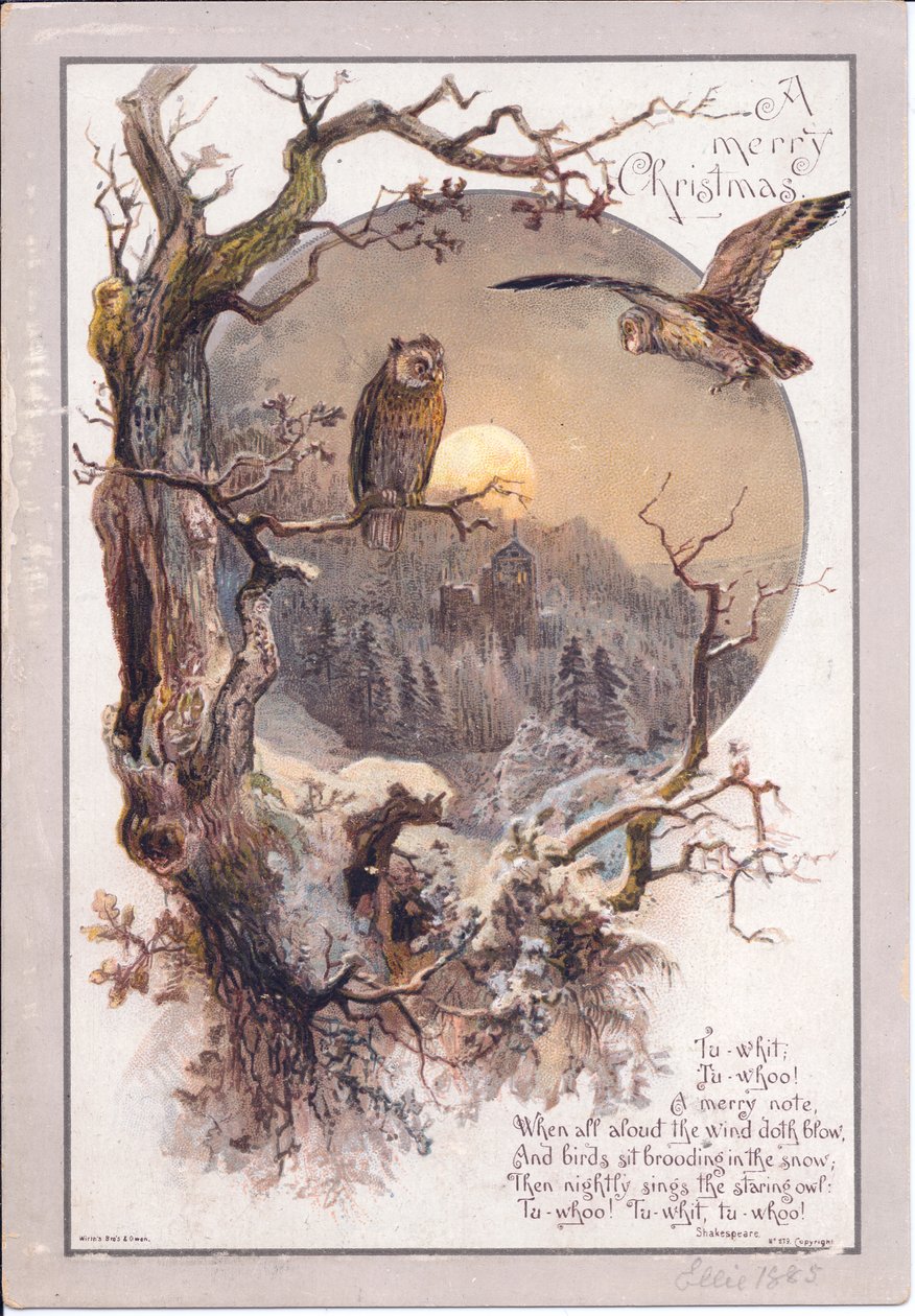 Victorian Christmas Card of an Owl Perched on a Branch on a Moonlit Night, c.1880 by English School