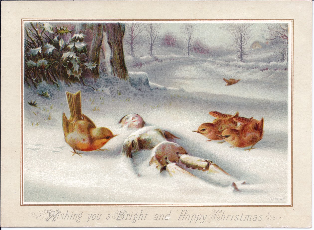 A Victorian Christmas Card of Robins Looking at a Wooden Puppet in the Snow, c.1880 by English School