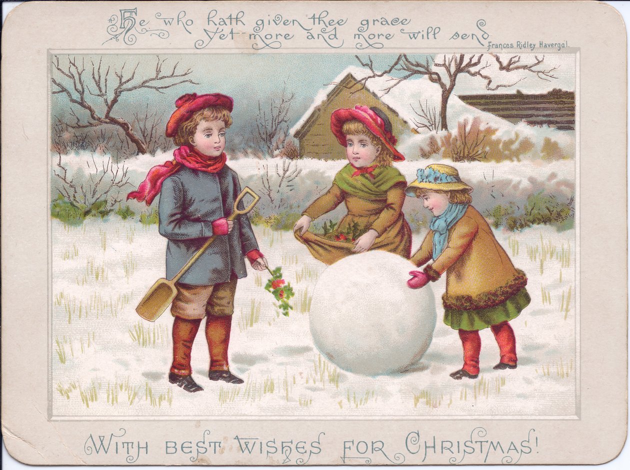 A Victorian Christmas Card of Three Children Playing with a Large Snowball, c.1880 by English School