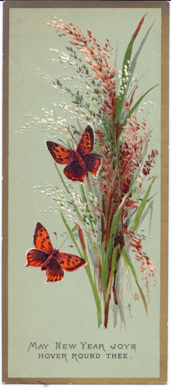 A Victorian New Year Card of Two Butterflies Amongst Tall Grasses (c.1880) by English School