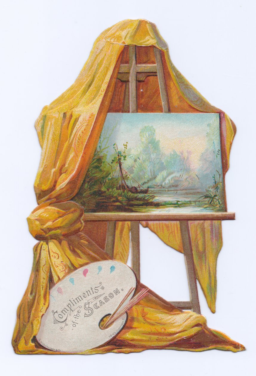 A Victorian Die-Cut Shape Card of a Painting on an Artist Easel with a Drape on It, c.1880 by English School