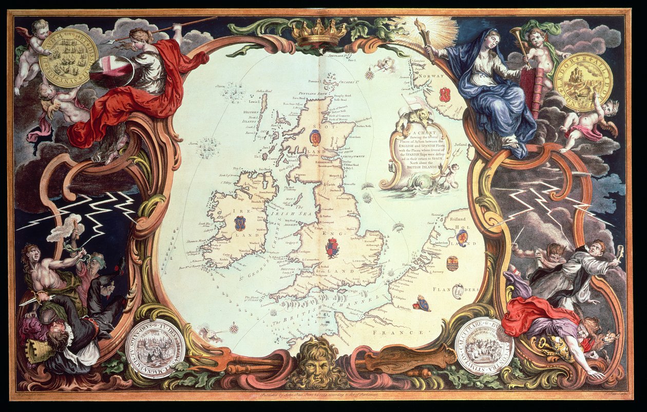 A Chart Showing the Several Places of Action Between the English and Spanish Fleets, Published 1739, by John Pine by English School