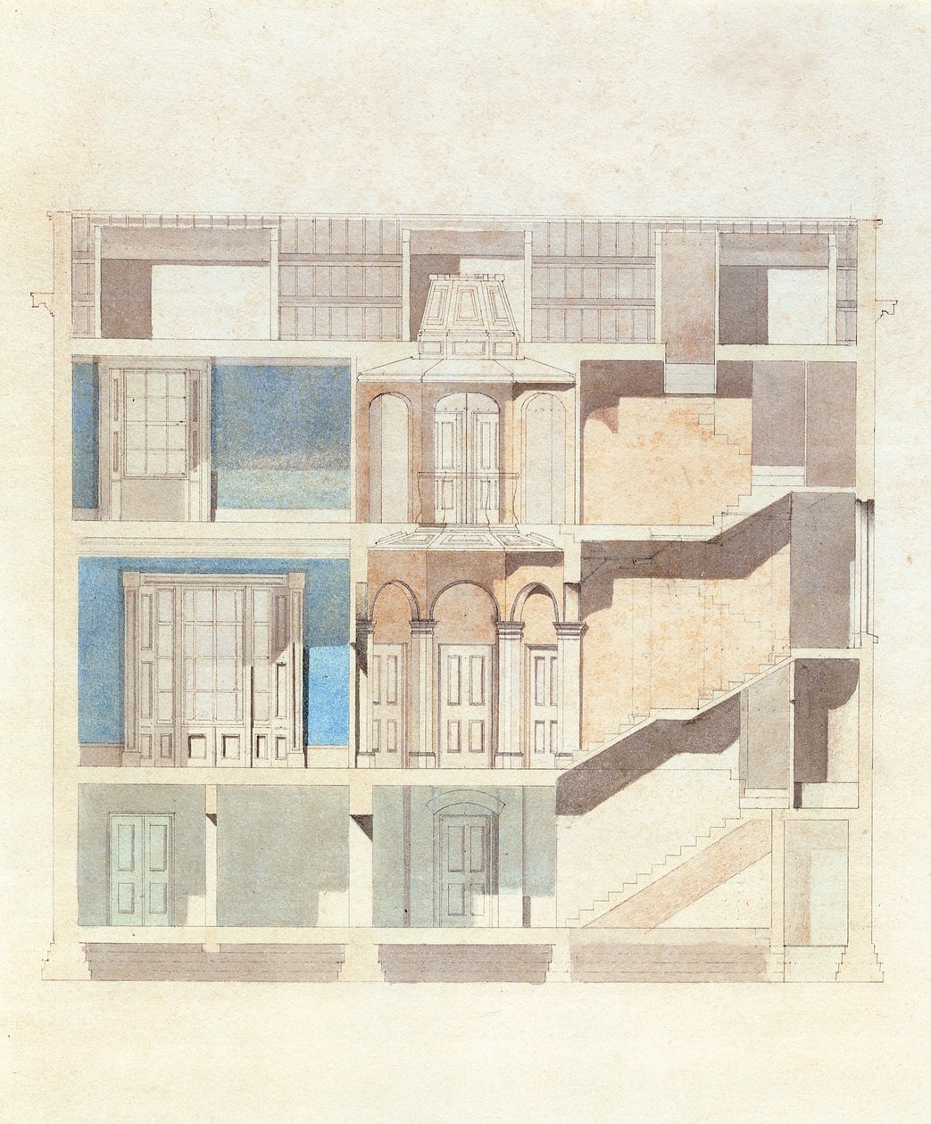 A cross section design for a classical town house interior by English School