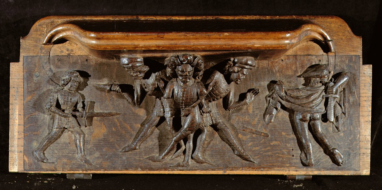 A damaged misericord depicting three men fighting with daggers and swords, New College Chapel, Oxford, late 14th century by English School