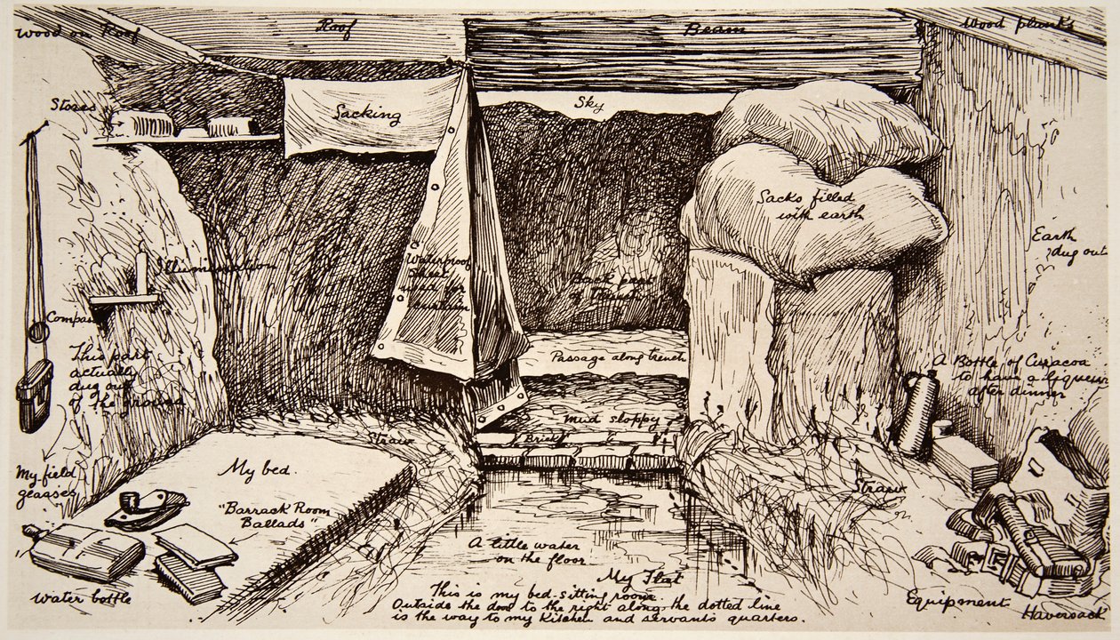 A flat in mud mansions, the Parade, France: a British Officers Dug-out, from a sketch by himself, from The Illustrated War News by English School