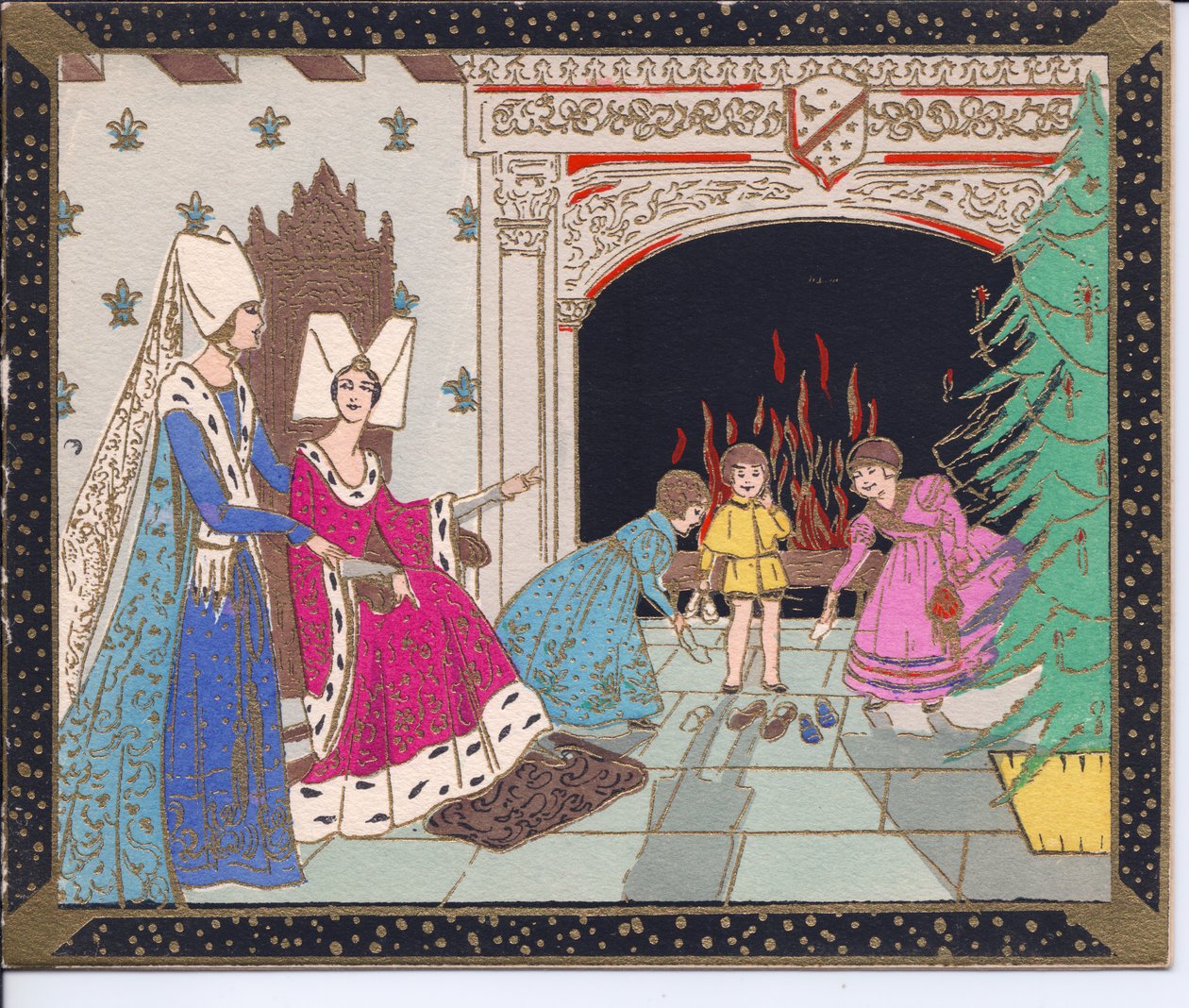 A Hand-Coloured French Pochoir Christmas Card of Medieval Ladies Wearing Butterfly Hats and Children in Front of a Large Fireplace Warming Their Shoes by English School