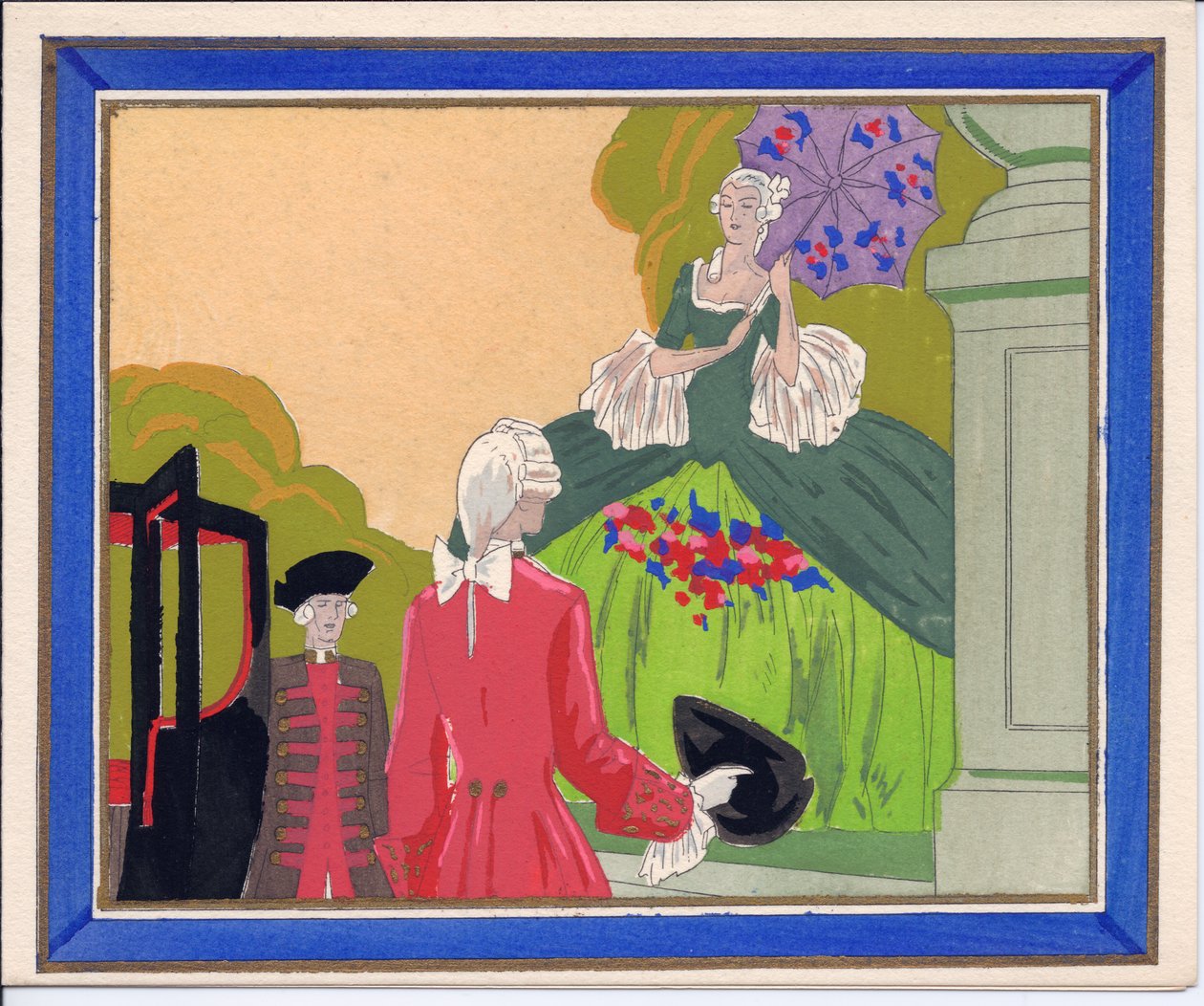 French Pochoir Greeting Card of a Bewigged Man and Footman Waiting for a Grand Lady, c.1920 by English School