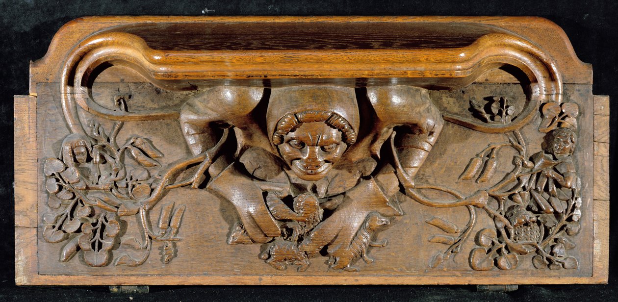 A misericord depicting an ogre with enormous shoulders, New College Chapel, Oxford, late 14th century by English School