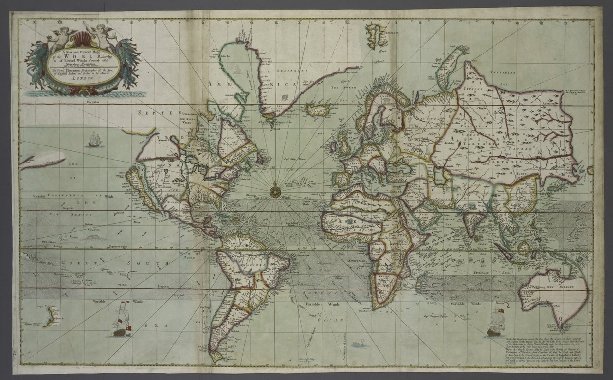 A New and Correct Map of the World from an Atlas of the Sea, 1707 (hand coloured print) by English School