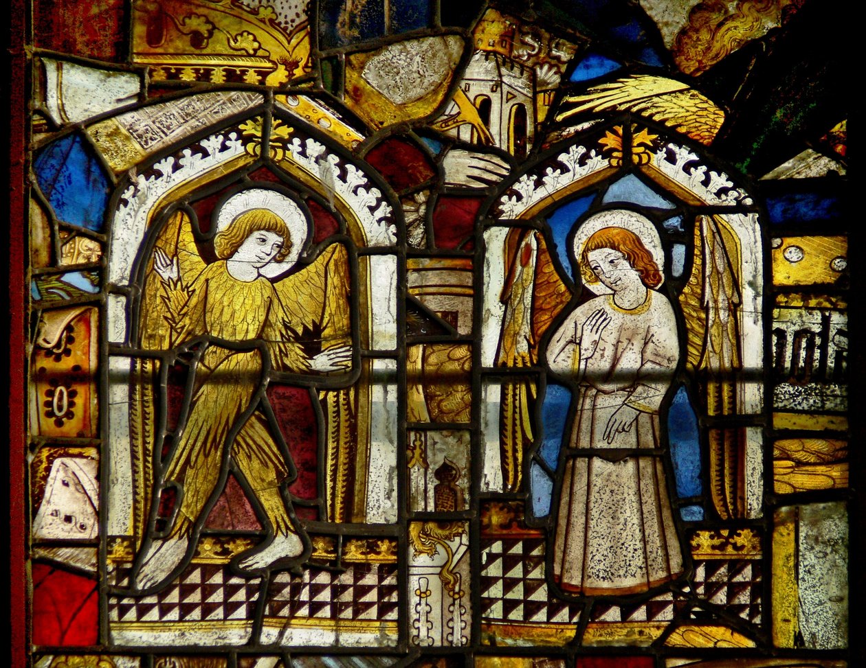 A panel in the east window depicting angels, one feathered by English School