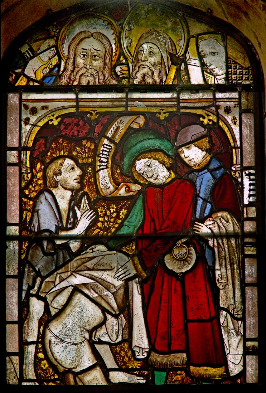 A panel in the east window depicting the Works of Mercy: clothing the naked: also some fine reset heads by English School