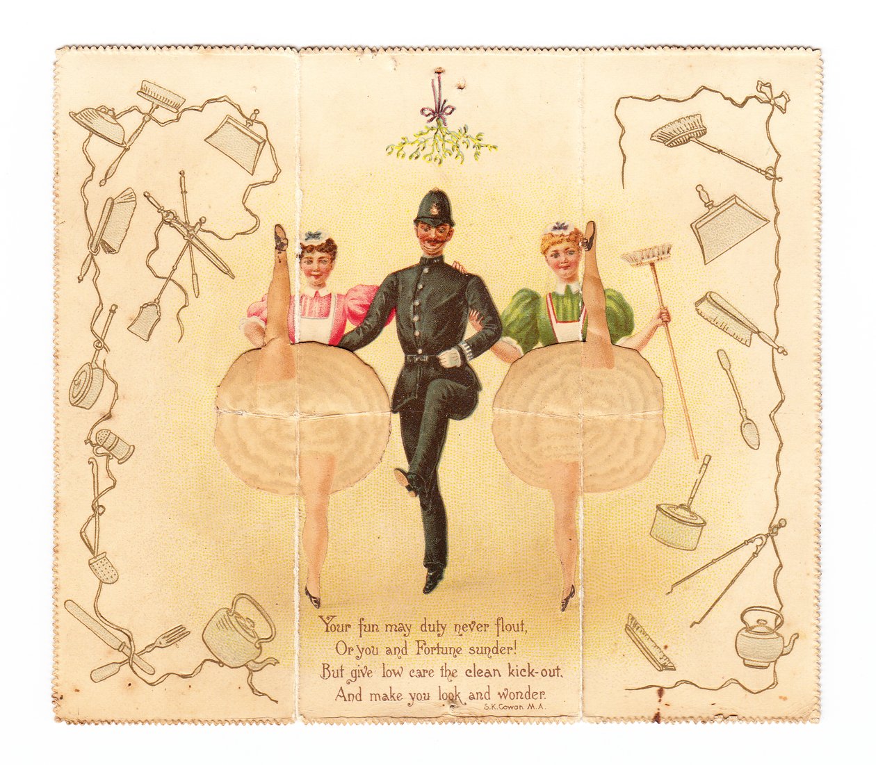 A Pop-Up Card of a Policeman and Two Women Doing the High Kick, c.1920 by English School